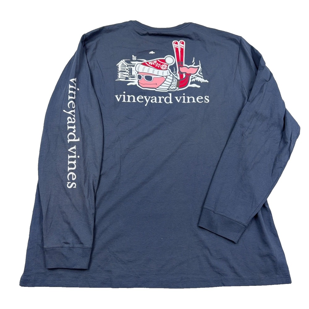 Vineyard Vines Shirt Men XXL Pocket Tee Blue Long Sleeve Christmas Skiing Ski